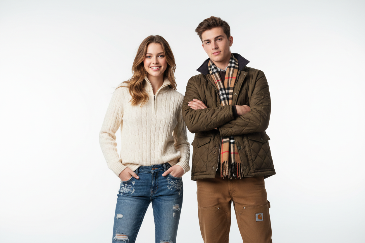 maak een witte foto studio achtergrond met daarop 2 modellen 1 dame met een mis me broek en ralph lauren half zip en een jonge met een carhartt broek en burberyy jas + sjaal ze moeten rond de 18 zijn 